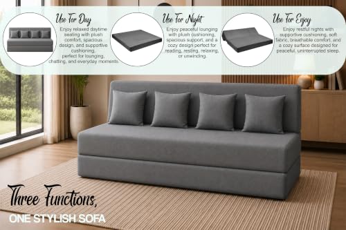 Image of Sofa Cum Bed with Jute Fabric, Convertible Four Seater Sofa Bed 6x6 Ft, Comfortable Cushioned Seating, Space Saving Design for Living Room, Bedroom & Guest Room - Grey Color