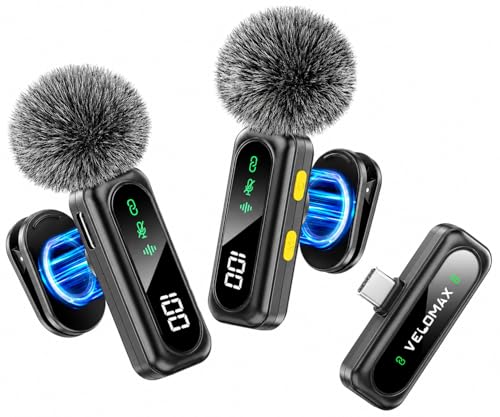 Image of VELOMAX Mic for YouTube Wireless, 3-Level Noise Reduction Magnetic Clip Lavalier Microphone, LED Indicator, Battery Display, for Creators Vloggers Podcasting Reel Video Recording (Dual Mic)