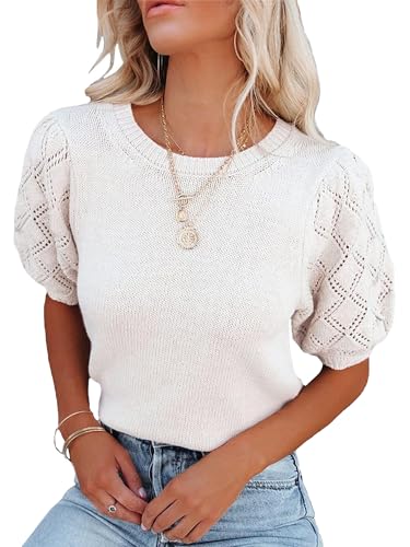 Image of White Short Sleeve Summer Sweater Tops for Women Puff Sleeve Top Dressy Casual M