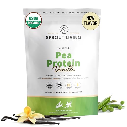 Sprout Living Organic Pea Protein Powder, Vanilla Flavor, 20 Grams of Plant Based Organic Protein Powder Without Artificial Sweeteners, Non Dairy, Non-GMO, Dairy Free, Vegan, Gluten Free (1 Pound)