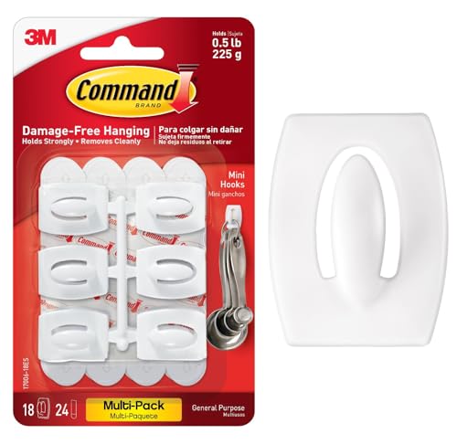 Command Mini Hooks, Value Pack - Pack of 18 Hooks and 24 Adhesive Strips, White - Damage Free Hanging