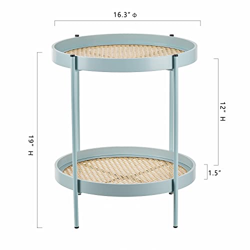 Alpome Rattan Round Metal End Table 2Tier 2Layer Side Table Round Coffee Table For Sofa Living Room Bedroom Balconytea Table Outdoor Indoor (Tiffany Blue) #TOP2