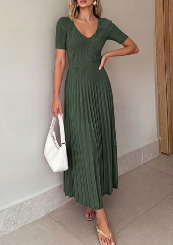 Image of PRETTYGARDEN Women's 2026 Spring Midi Sweater Dresses Elegant Pleated Ribbed Knit Short Sleeve V Neck A Line Summer Outfits