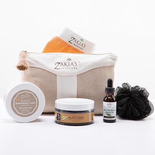 Moroccan Hammam Spa Rejuvinating Ritual Beauty Skincare Kit - 6 piece, Moroccan Black Soap (Argan Oil) , Body Clay, Argan Oil, Pure & Natural, Purifying, Cleansing, exfoliating for every skin type.