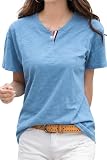 [Fiorior] 【涼しく快適】 tシャツ レディース 綿100％ 半袖 薄手 カットソー 丸首 Uネック 無地 シンプル アクセントデザイン 夏 トップス ティーシャツ 綿 カジュアル 【S～2XL】 水色 ブルー M