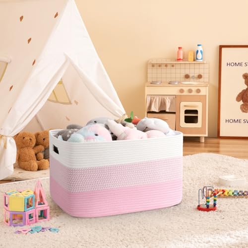 Image of OIAHOMY Large Blanket Basket, 22 inchx17 inchx12 inch Rectangle Woven Baskets, Nursery Blanket Storage Living Room, Toy Storage With Handle, Large Baskets for Organizing - Pink /White