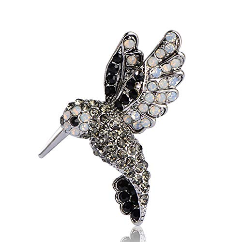 Antique Tone Bird Hummingbird Multi Color Austrian Mosaic Crystal Pin Brooch Jewelry (Grey)