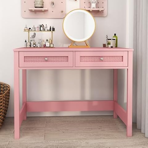 Vikiullf Pink Desk with Drawers - 39 in Study Writing Table Makeup Vanity Desks for Small Spaces, Modern Home Office Desk with 2 Rattan Drawers, (Pink, 39.5) Cover
