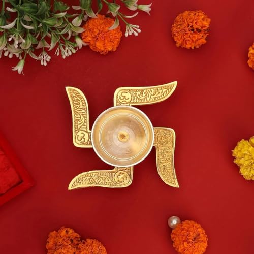 Image of Set of 2 Swastik Brass Akhand Diya and Silver Bowl with Gift Box, Gold & White Akhand Diyas Pooja Room Decoration, Return Gift & House Warming Gift