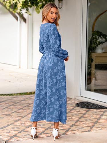 Image of Simplee Womens Boho Floral Long Sleeve Maxi Dress V Neck Empire Waist Fall Wedding Guest Dresses with Pockets