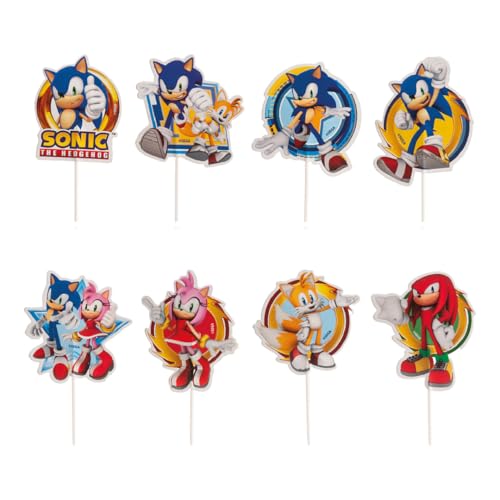 dekora, Kit decorazione torta compleanno Sonic, Cake Topper Sonic di carta, perfetto per decorare i tuoi cupcakes e la torta di Sonic, 16 pezzi, 10,5 x 7 centimetri