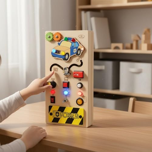 Juguete interactivo madera tipo panel actividades sensorial luces led 4