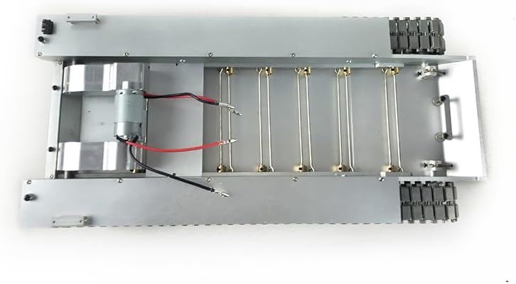 Bottom view of the metal chassis, showing the suspension system and track attachment points.