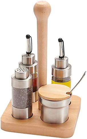 Kimikata Cruet Set – 5PCS Stainless Steel & Plastic Oil Vinegar Salt Pepper Condiment Dispensers Set, Wood Caddy Organizer Storage Stand, Jar with Spoon for Spices, Sauces, Condiment Storage