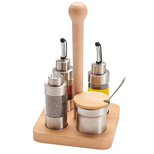 Kimikata Cruet Set – 5Pcs Stainless Steel & Plastic Oil Vinegar Salt Pepper Condiment Dispensers Set, Wood Caddy Organizer Storage Stand, Jar With Spoon For Spices, Sauces, Condiment Storage #TOP2
