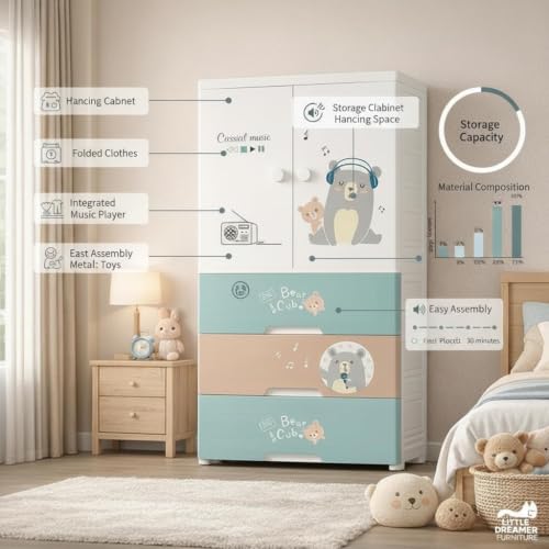 Image of LERIMO Plastic Wardrobe for Clothes | Portable Foldable Wardrobe Almirah for Bedroom | Kids & Baby Clothes Storage Cupboard | Collapsible Plastic Storage Cabinet | Almirah for Kids Clothes