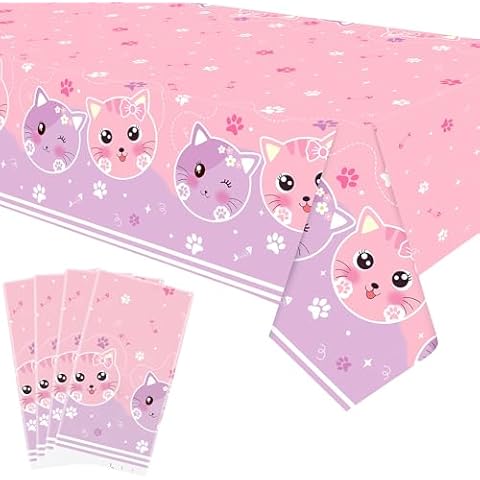 Ywediim 4 Pack Cat Themed Party Tablecloth, Cat Birthday Party Supplies Table Cover Decorations Tablecloth Party Cat Theme Birthday Decor 54 x 108 Inch Cover
