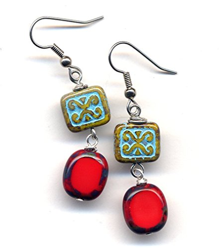 Scarlet Red and Rustic Turquoise Earrings, Turquoise and Red Earrings, Long Earrings, Surgical Steel Earrings, Czech Glass Earrings, Stainless Steel Earrings, Jewelry by AnnaArt72