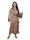 silkola Womens Leopard Print Satin Robe Long Kimono Silky Sleepwear Sexy Animal Pattern Dressing Gown (US, Alpha, Large, Regular, Regular, Leopard)