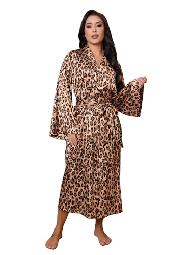 Image of silkola Womens Leopard Print Satin Robe Long Kimono Silky Sleepwear Sexy Animal Pattern Dressing Gown, Leopard, XXXL
