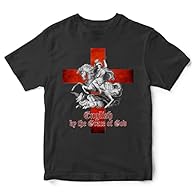 English by the Grace of God T Shirt - Graphic Print St George's Day Gift For Kids - English Dragon Knight Tee, Kids Graphic print design on a white or black Kids T Shirt, with Red text English by the Grace of God and Dragon Knight Image These graphic...