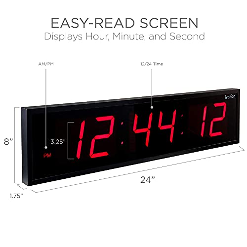 Ivation Huge 24" Inch Large Big Oversized Digital Led Clock With Stopwatch, Alarms, Countdown Timer & Temp - Shelf Or Wall Mount (Red) | 6-Level Brightness, Mounting Holes & Hardware #TOP2