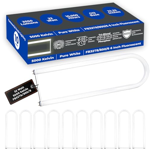 GoodBulb 32W T8 U Bend Fluorescent 6" Tube, 5000K Daylight Medium Bi-Pin Base, 3050 Lumens 85 CRI 24000 Life Hours 32 Watts, Car Dealership Lighting, 10 Pack
