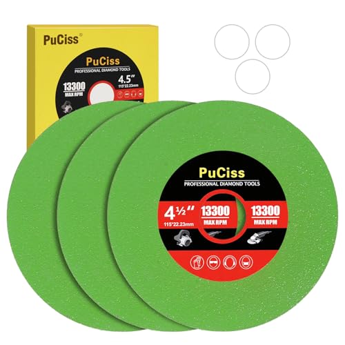 PuCiss 4-1/2 Inch Glass Cutting Disc for Angle Grinders, Diamond Saw Blades Wheel Multi-Material for Grinding Ceramic, Crystal, Tile, Wine Bottle, 7/8" Arbor - 3 Pack