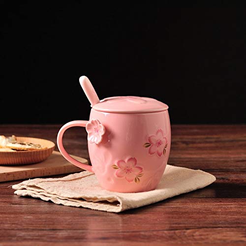 Kawaii Tea Cup With Lid And Spoon, Cherry Blossom Coffee Mug, Cute Ceramic Teacup, Best Gifts For Women, Her, Sister, Daughter, Friends Female, Mom On Birthday Christmas Anniversary, 13Oz (Pink) #TOP1