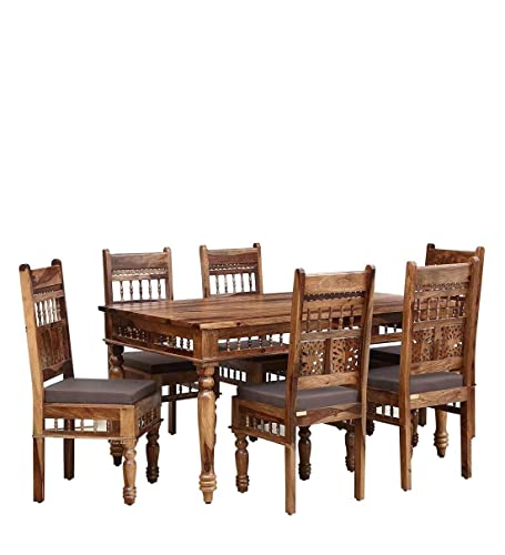 Image of SHRI MINTU'S ART Solid Sheesham Wood Dining Table 6 Seater | Six Seater Dinning Table with 6 Chairs for Home | Dining Room Sets for Kitchen & Restaurants | Chairs with Cushion | Rosewood, Teak Finish
