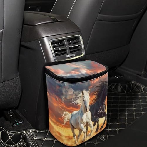 Image of Talayituse Horse Sunset Print Car Trash Can with Adjustable Straps, Foldable Car Trash Bag Bin Car Garbage Bag Multipurpose Storage Box for Vehicle Travel Camping Picnicing