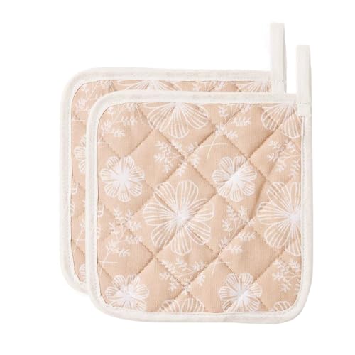 Set 2 presine da cucina rosa salmone Posy Cosy in cotone 17x17 cm, Made in Italy, stampa digitale, tessuto morbidissimo 100% cotone, lavaggio max 30°C