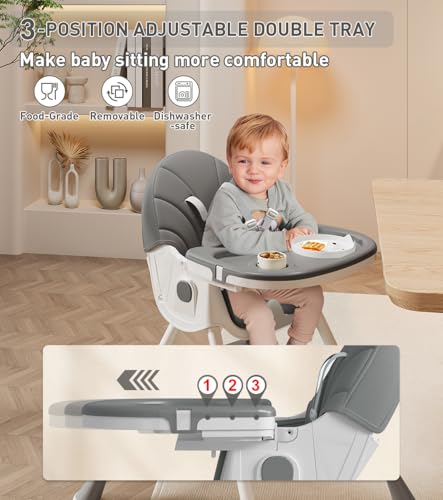 Image of Baby High Chair, 5 in 1 High Chairs for Babies and Toddlers, Travel Foldable High Chair with Detachable PU Cushion, Double Removable Tray, Adjustable Height & Recline, Locking Wheels (Grey)