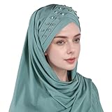 Eauptffy Hijab Musulman Foulard chrétien en mousseline de soie léger élégant Niqab musulman turc Foulard à capuche Foulard de prière en jersey moderne à paillettes Vêtements de prière, O Vert., taille
