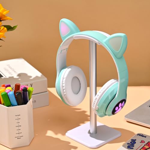 Image of Bluetooth Headphones for Kids, Cute Ear Cat Ear LED Light Up Foldable Headphones Stereo Over Ear with Microphone /TF Card Wireless Headphone for iPhone /iPad /Smartphone /Laptop /PC /TV (Green) | Wireless Bluetooth 5.0, foldable design, built-in mic & TF card slot, adjustable comfort, ideal for kids' learning & play.