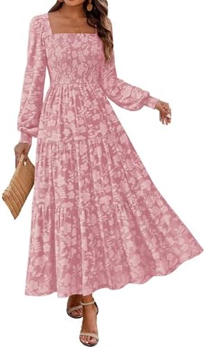 KIRUNDO Wedding Guest Dresses for Women Long Sleeve Smocked Floral Flowy A Line Boho Maxi Dress Spring Fashion Clothing