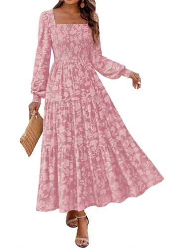 KIRUNDO Wedding Guest Dresses for Women 2026 Spring Summer Long Sleeve Smocked Floral Flowy Baby Shower Maxi Dress Pockets (Pink, Small)