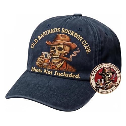 Divertida gorra de béisbol Bourbon Club, Old Bastards Bourbon Club Edición Coleccionista Gorra de béisbol y moneda conmemorativa de calavera de whisky, azul marino, M