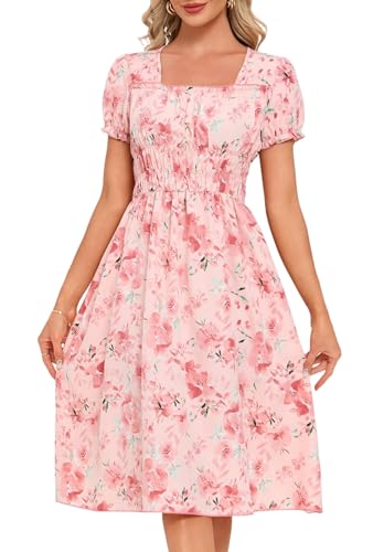 Image of Women's 2026 Summer Boho Floral Midi Dress Casual Square Neck Puff Sleeve A Line Dresses with Pockets