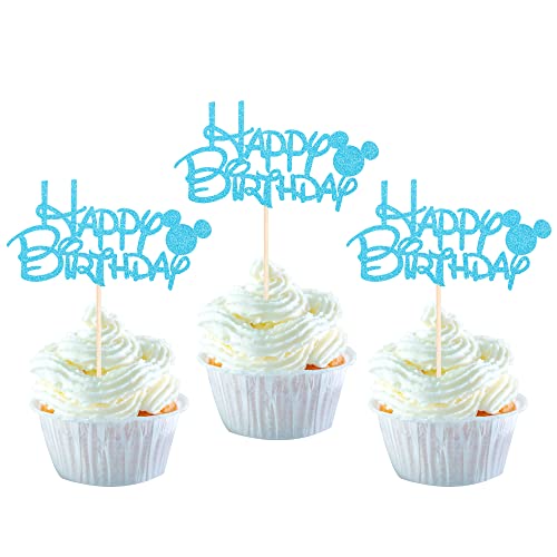 24 Pack Happy Birthday Cupcake Toppers Glitter Mini Mouse Inspired Birthday Cupcake Food Picks Baby Shower Kids Boys Birthday Party Cake Decorations Supplies Blue #TOP6