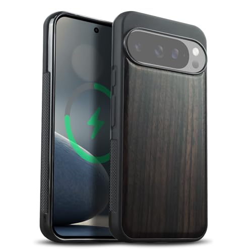 Carveit Magnetic Wooden Case for Google Pixel 10 Pro XL Case, Wood Artisan Engraved & Soft TPU Shockproof Cover, Compatible with MagSafe Wireless Chargers (Natural Grain) Blackwood