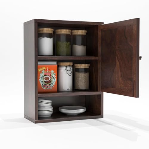 Image of Sheesham Wood Kitchen Cabinet for Home | Wall Mounted Kitchen Rack with Storage | Wooden Kitchen Unit /Organizer with 1 Door & 1 Shelf Storage (Walnut Finish)