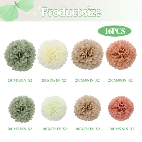 Image of BestoFun 16 PCS Beige Sage Green Tissue Pom Poms Paper Flowers Decorations Natural Green Boho Hanging Decor for Girl Groovy Birthday Baby Shower Wedding Bachelorette Room Wall Hanging Decor