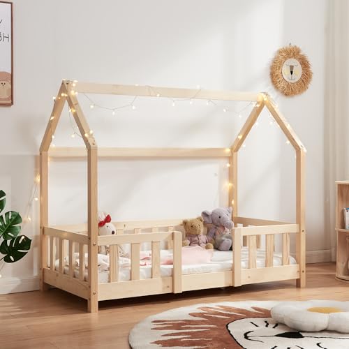 [en.casa] Kinderbett Sisimiut Hausbett Montessori 70 x 140 cm mit Rausfallschutz Holzbett für Kinder Bodenbett Lattenrost Kiefernholz Holzfarben