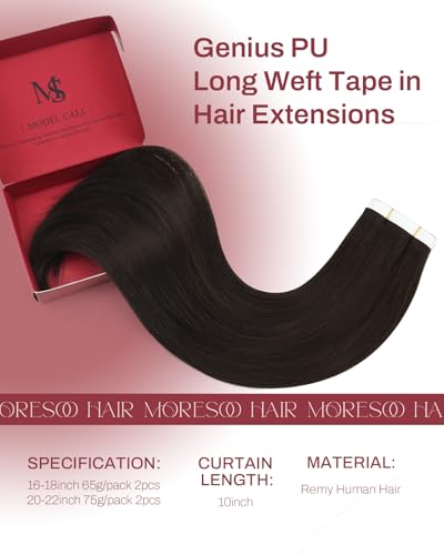 Image of Moresoo Genius Tape Weft Human Hair Dark Brown 20 Inch 75g 2Pcs | Skin weft tape in hair extensions, flat PU construction, flexible placement, deep brown tone for ponytails and event styling