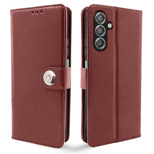 Image of Pikkme Flip Cover Leather Finish | Inside TPU with Card Pockets | Wallet Stand and Shock Proof | Complete Protection Button Flip Case for Samsung Galaxy F15 5G / M15 5G / M15 Prime 5G (Brown)