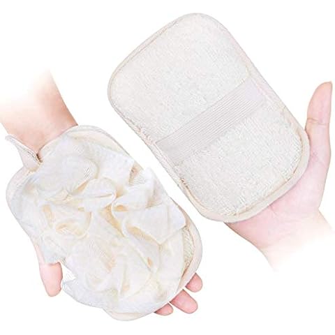 mikimini Bath Mitt for Women, Loofah Sponge & Exfoliating Pad 2 in 1 Professional Design | Exfoliating Gently with the Elastic Hand Strap or Wearing the Mitten (glove shape, 2) Cover