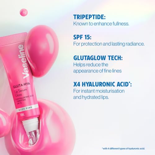 Image of Vaseline Gluta-Hya Rosy Pink Lip Gloss, Serum Lip Care with Hyaluronic Acid and GlutaGlow Technology, Tints, Plumps and Protects with SPF15 for Plumper Lips | 10 ml
