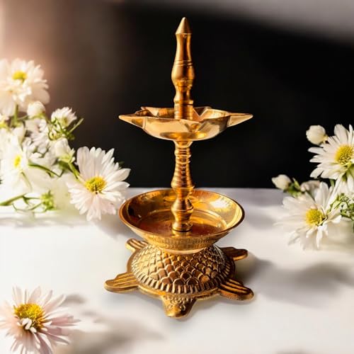 Image of Kerala Brass Tortoise Panchmukhi Good Luck Diya with Flower Holder | Small Size Kachua Kuthu Vilakku for Home, Office & Gifting | Length : 5.5 inches, Weight : 250 Grams