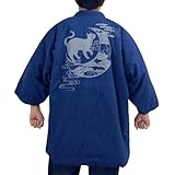 [江戸てん]綿入れ半纏 はんてん ちゃんちゃんこ日本製 久留米織り 抜染オリジナル柄 猫と月雲 青紺 フリー